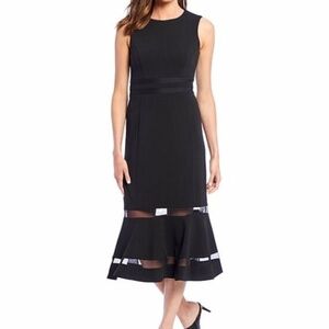 Black Sleeveless Midi Dress Mesh Trim Flare Mermaid Hem Little Black Dress S 8